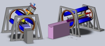 The Cross Cancer Institute is investigating two linac-MR designs: a longitudinal configuration (left) and a transverse configuration (right). The team is installing both configurations to confirm the dosimetric differences between the two. Image courtesy of the Cross Cancer Institute.