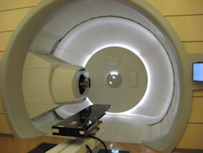 The gantry rotates around the patient to deliver treatment from different angles, allowing the physician to precisely target the tumor site. Photo taken at the ProCure Proton Therapy Center in Oklahoma City. Image courtesy of ProCure.