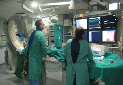 Radiologists must learn about dosimetry so they can estimate radiation dose and justify an imaging procedure. Here, radiologists perform a cardiovascular procedure at San Carlos Hospital. Image courtesy of Eliseo Vaño, PhD.