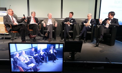 Moderator Wofgang Wagner, Chairman Claus D. Claussen, Jim Reekers, Markus Peck-Radosavljevic, Andy Adam, and Georg Marckmann. Image courtesy of the European Society of Radiology.