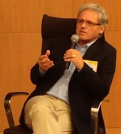 Dr. Patrick Hof from the Icahn School of Medicine at Mount Sinai addresses attendees at the GE Research Center on the state of brain imaging.