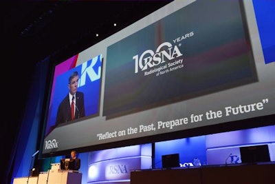 Dr. N. Reed Dunnick, president of RSNA 2014, welcomes delegates to the 100th annual RSNA meeting in Chicago during the opening ceremony on Sunday.