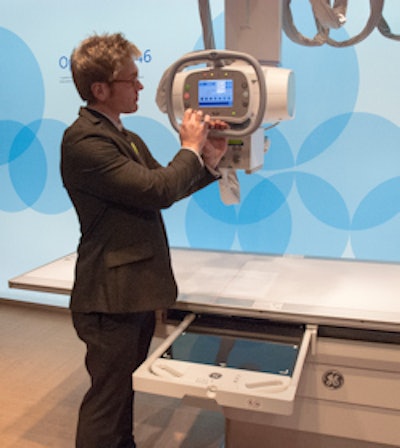 GE is showing its new Optima XR 646 digital radiography system.