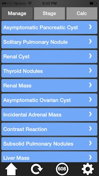 RadsBest offers management decision support for radiologists, a cancer staging tool, and commonly used calculators for radiology. All images courtesy of Dr. Roy Kwak.