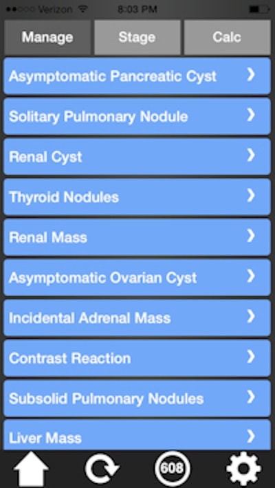 RadsBest offers management decision support for radiologists, a cancer staging tool, and commonly used calculators for radiology. All images courtesy of Dr. Roy Kwak.