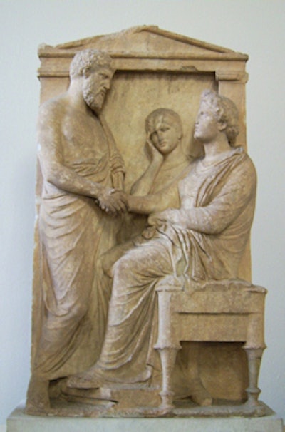 The persistence of right-handed handshaking. Funerary stele of Thrasea and Euandria image by Marcus Cyron. Licensed under CC BY-SA 3.0 via Wikimedia Commons.