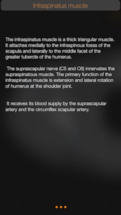 Users can access detailed descriptions of anatomy, as seen here in the description of the infraspinatus muscle.