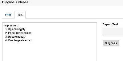 FHIRgamuts interface shows radiologist's impressions, including splenomegaly, portal hypertension, hepatomegaly, and esophageal varices. The user types in report text and clicks 'Diagnosis' to generate a list of differential diagnoses. The free application is available at fhirgamuts.xrlabs.com.