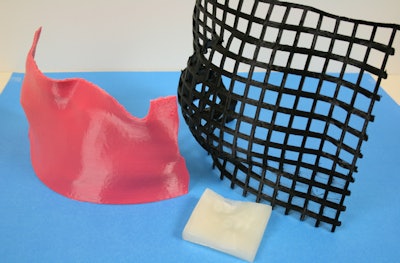 A customized chest-wall bolus (left) was 3D printed using a flexible, tissue-equivalent material that conforms to the patient's shape. A 'smart bolus' (middle) was designed for electron beam therapy, where the surface shape of the bolus modulates the electron beam to achieve conformity of the radiation dose distribution to the tumor volume below. A low-density immobilization device (right) was designed to achieve reproducibility in patient positioning over the course of breast radiotherapy, while minimizing acute toxicity. Image courtesy of James Robar, PhD.