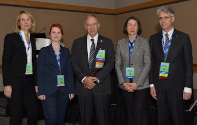 Speakers and moderators during Monday's 'Germany Presents' session. From the left are Drs. Sabine Weckbach, Katrin Hegenscheid, Ronald Arenson, Gabriele Krombach, and Norbert Hosten.