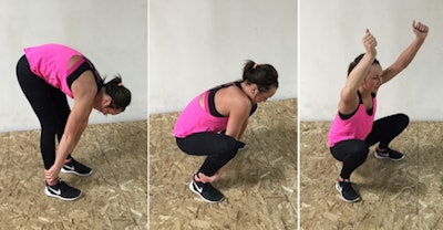 Toe-touch squat to overhead reach