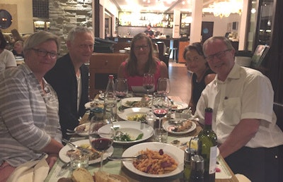 Riklund (center) enjoys a pleasant dinner with colleagues during a Swedish Faculty of Nuclear Medicine course held on 1 October 2015. Also shown (from the left) are: Cathrine Jonsson, PhD, radiation physicist, Karolinska, Solna; Dr. Jens Sörensen, physician, Uppsala; Rimma Axelsson, physician, Karolinska, Huddinge; and Dr. Bengt Holmberg, physician, Linköping.