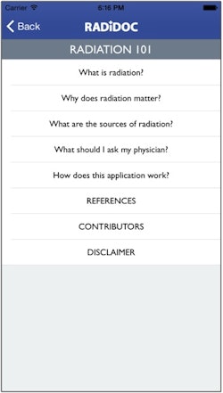 The app also provides educational information designed to help patients learn about radiation safety concepts.