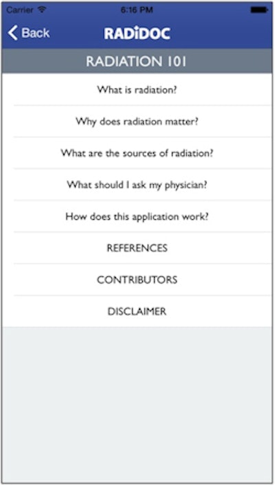 The app also provides educational information designed to help patients learn about radiation safety concepts.