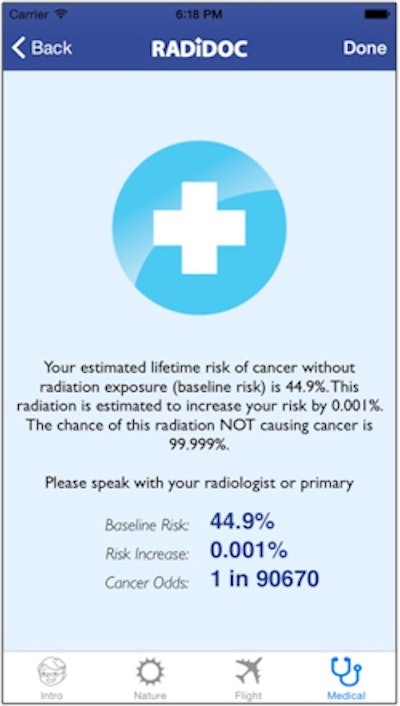 After receiving information on the patient and the imaging study being considered, RADiDOC provides the user with a report that includes assessments of radiation dose and estimates of risk levels. All images courtesy of Dr. Kevin Seals.