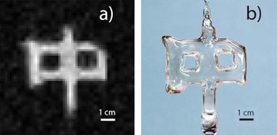 At left is an image of a sealed glass cell created by University of Virginia physicists by combining MR techniques with the detection of gamma rays emitted by an isotope of xenon contained within the cell. At right is an ordinary photograph of the glass cell. Images courtesy of the University of Virginia.