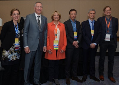 Speakers and moderators during Monday's 'Netherlands Presents' session. From the left are Drs. Meike Vernooij, Richard Baron, Herma Holscher, Mark van Buchem, Charles Majoie, and Jeroen Hendrikse.