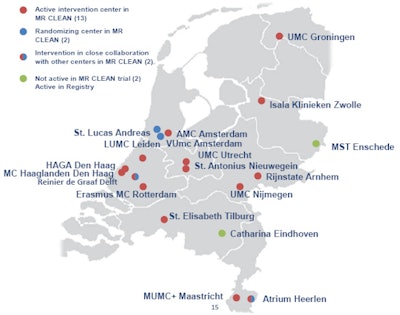 Map showing study centers of the MRCLEAN trial. Image courtesy of Dr. Charles Majoie, PhD.