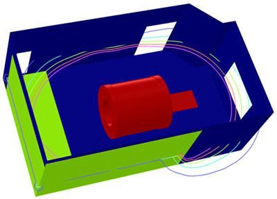 Virtual prototype. Note the gauss lines are contained at the steel (green areas).