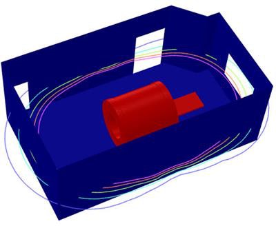 MRI fringe field with no magnetic shielding. The 5-gauss line extends outside the rear and side walls of the room, jeopardizing staff and patient safety. All images courtesy of Cliff Hess.