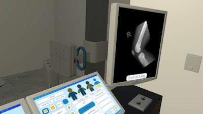 Above, a student's-eye view inside the virtual reality control room during the acquisition of a knee x-ray. Below, a virtual patient prepares to undergo an x-ray of the ankle. All images courtesy of James Hayes.