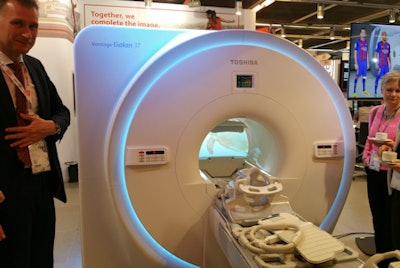 Toshiba is promoting its Galan 3T MRI scanner.