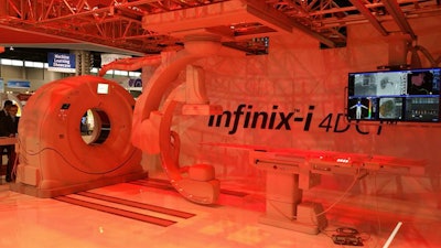 Toshiba has integrated a CT scanner on rails with its Infinix-i Sky angiography system.