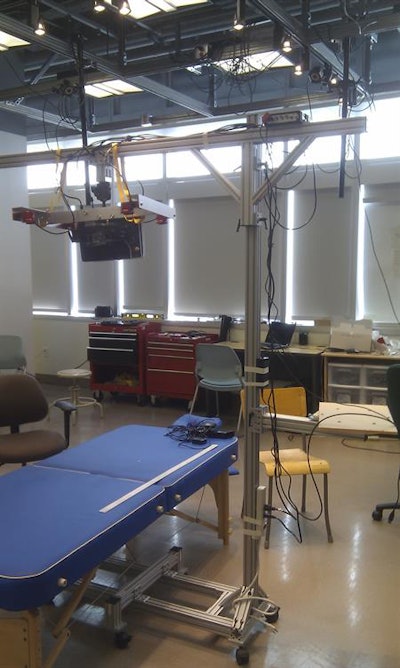 The augmented reality device consists of infrared cameras, markers that are placed on the patient, and a projector.