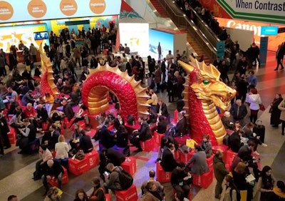 Above: A colorful Chinese dragon was the centerpiece of the lounge area in the congress hall, signifying China as one of the three guest countries at ECR 2018. Below: An unseasonable cold front dubbed the 'Beast from the East' left the Danube River frozen over during ECR 2018.