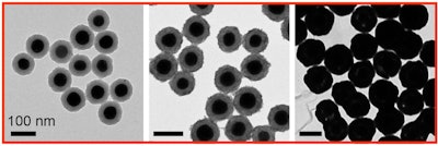 From left to right, images from a transmission electron microscope show how nanomatryoshkas are created, beginning with gold cores, progressing through the addition of a silica layer, and followed by a shell of gold. Image courtesy of Luke Henderson/Rice University.