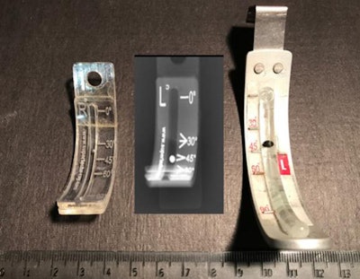 The UpRite chest x-ray marker can be made from plastic or metal. Image courtesy of the NIH.