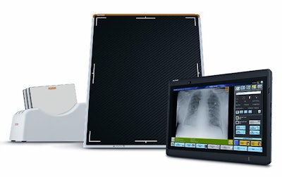 The DRX-Transportable System/Lite includes a wireless DRX Plus 3543 detector, wireless access point, and tablet PC. Image courtesy of Carestream.
