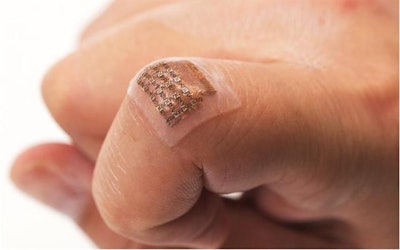 The wearable ultrasound patch tracks blood pressure in a deep artery or vein. Image courtesy of Chonghe Wang/Nature Biomedical Engineering.
