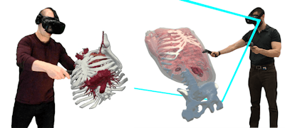 Users interact with medical datasets in 3D via virtual reality.