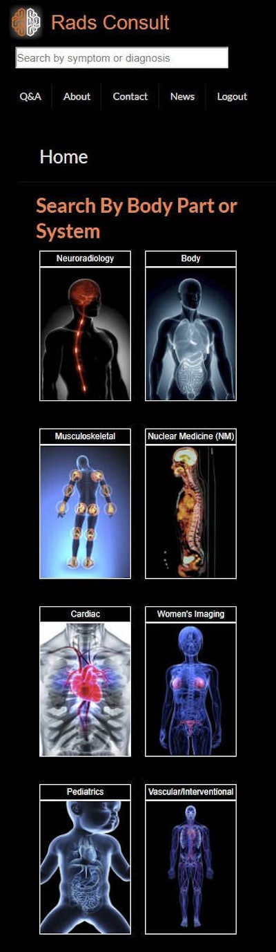 Rads Consult users can enter any symptom or diagnosis into a search bar to receive imaging recommendations. Image courtesy of Dr. Munib Sana.