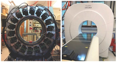 The PennPET Explorer scanner under development (left) and in prototype form with three rings (right), as used for initial human imaging evaluation.