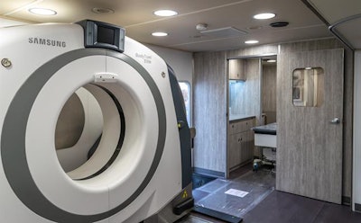 Mobile CT lung cancer screening clinic featuring the BodyTom Elite portable CT scanner. Image courtesy of Samsung NeuroLogica.