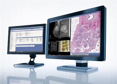 With a shared VNA, multiple slides can be streamed to the pathologist's workstation in real-time, and associated information from other clinical systems is also available for review. Image courtesy of Sectra.