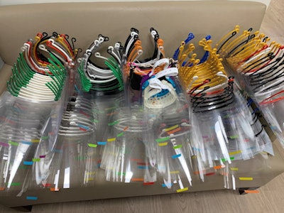 Assembled face shields ready for distribution. Image courtesy of Nicole Wake, PhD.