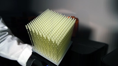 Cube of 3D-printed nasopharyngeal swabs. Image courtesy of Summer Decker, PhD.