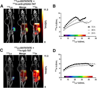 Dual-isotope SPECT/CT images (A) of mice 71 hours after intravenous administration of In-111-anti-γH2AX-TAT (5 MBq) and 72 hours after intravenous administration of Lu-177-DOTATATE (20 MBq). Tumor is indicated by purple contour in Lu-177 image. Correlation between In-111 and Lu-177 signal (B) in tumor volume in voxel collections based on Lu-177 signal quantification in SPECT image of animal in A. Dual-isotope SPECT/CT images (C) of mice after administration of In-111-IgG-TAT (5 MBq) and Lu-177-DOTATATE (20 MBq). Tumor is indicated by purple contour in Lu-177 image. Correlation between In-111 and Lu-177 signal (D) in tumor volume in voxel collections based on Lu-177 signal quantification in SPECT image of animal in C. Images courtesy of O'Neill et al and Journal of Nuclear Medicine.