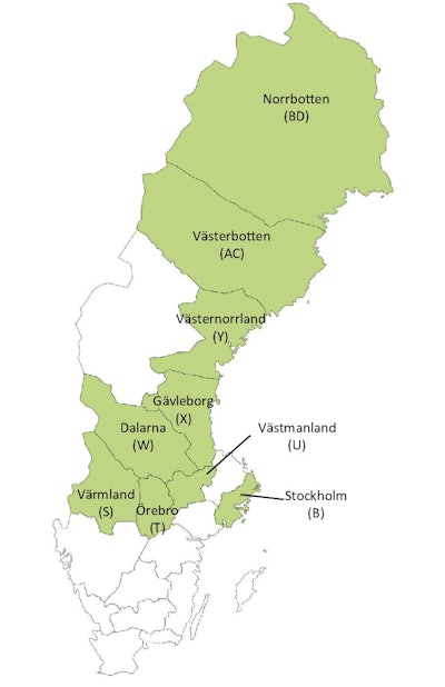 Figure 2. Map of Sweden showing the locations of the nine counties involved in the study published in 2020.1