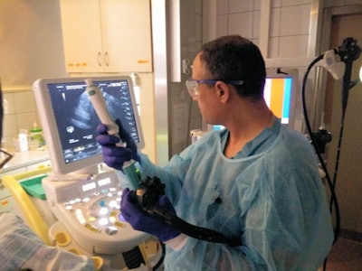 Dr. Iyad Khamaysi of Rambam Health Care Campus in Haifa, Israel, performing the first in-human study utilizing Limaca's Precision endoscopic ultrasound-guided biopsy device. Image courtesy of Limaca.