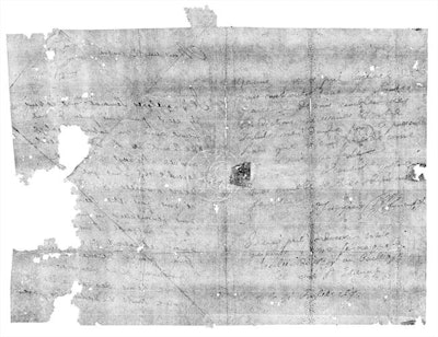 A letterpacket written in 1697. The letter contains a message for Pierre Le Pers, a French merchant. A watermark containing an image of a bird is visible in the center of the paper.