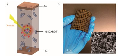 (a) A schematic diagram of a flexible x‑ray detector architecture composed of Ni-DABDT as an absorbing layer and (b) a photograph of the flexible x‑ray detector device based on Ni-DABDT. Image courtesy of Nano Letters.