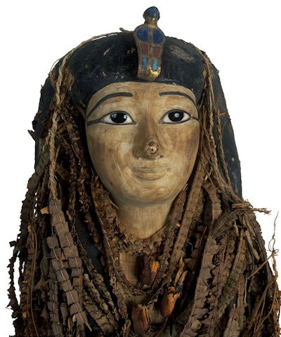 Face mask of the never-before unwrapped mummy of Pharaoh Amenhotep I. Image courtesy of Dr. Sahar Saleem and Zahi Hawass, PhD. Caption courtesy of Frontiers in Medicine.