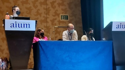 Panelists discuss ways they have had to tailor their education models for virtual learning, as well as why some virtual learning components may become permanent for ultrasound curricula. From left to right: Dr. Creagh Boulger, Dr. Cristiana Baloescu, Dr. Yale Tung Chen, and Dr. Shweta Bhatt.