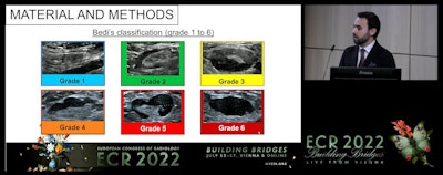 In his talk, Dr. Ignacio Soriano Aguadero from the Navarra University Clinic in Spain showed data comparing axillary lymph node reaction to COVID vaccination between mRNA and viral vector vaccines. He and his colleagues found that patients who received the mRNA vaccine had higher values in all ultrasound findings, including Bedi classification grades (pictured).
