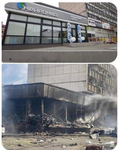 Before and after: The Neuromed imaging center is now a burnt-out wreck. Image courtesy of Dr. Oleksandr Kapitan.