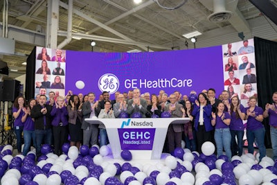 GE HealthCare employees celebrate the ringing of the opening bell for the Nasdaq exchange on January 4. Image courtesy of GE HealthCare.